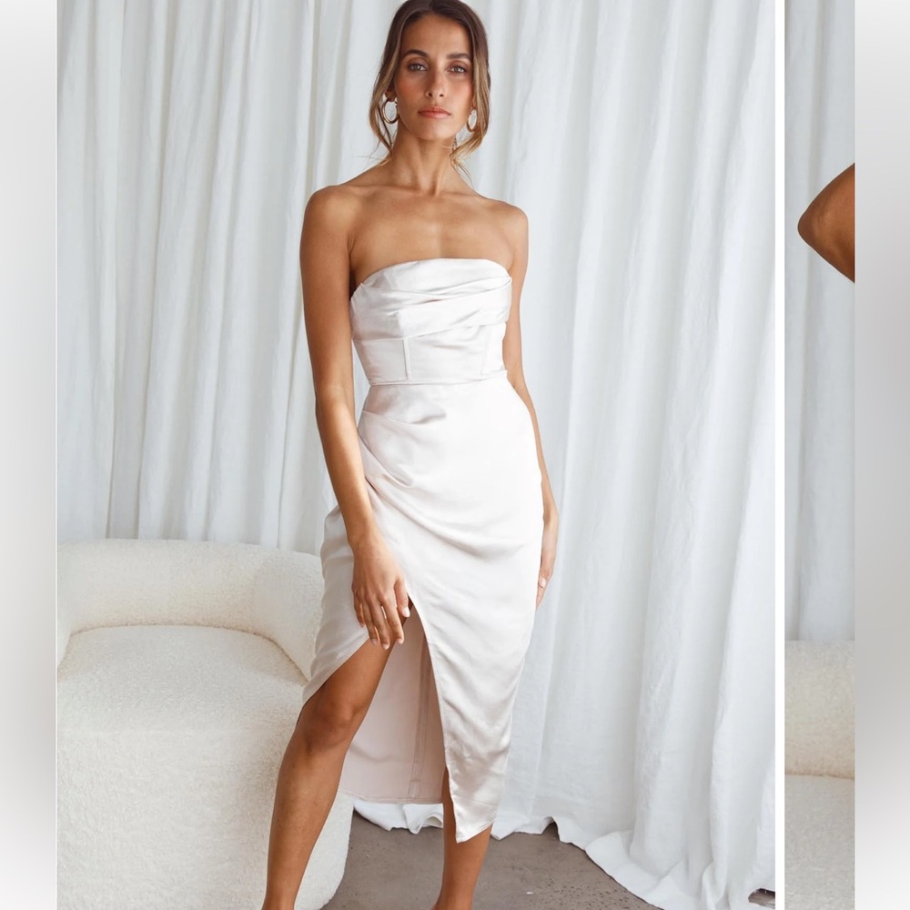 Selfie Leslie Champagne Satin Midi Dress